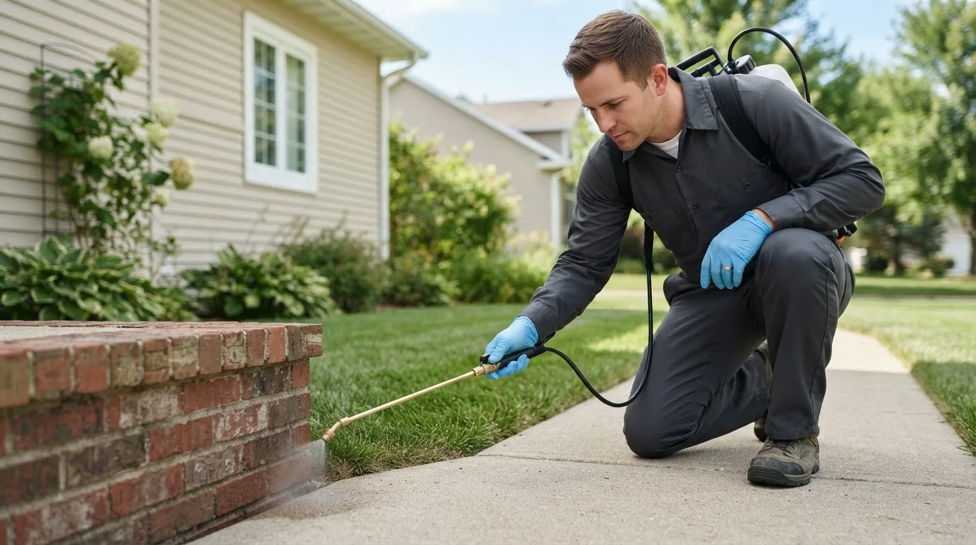 Pest control technician treating a home near Penn, ND