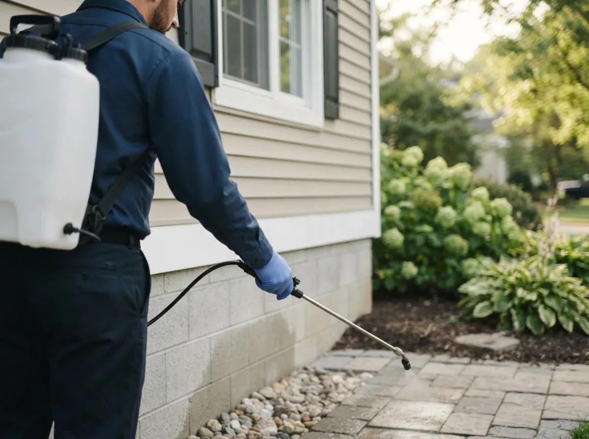 Pest control technician inspecting a home in Penn, ND